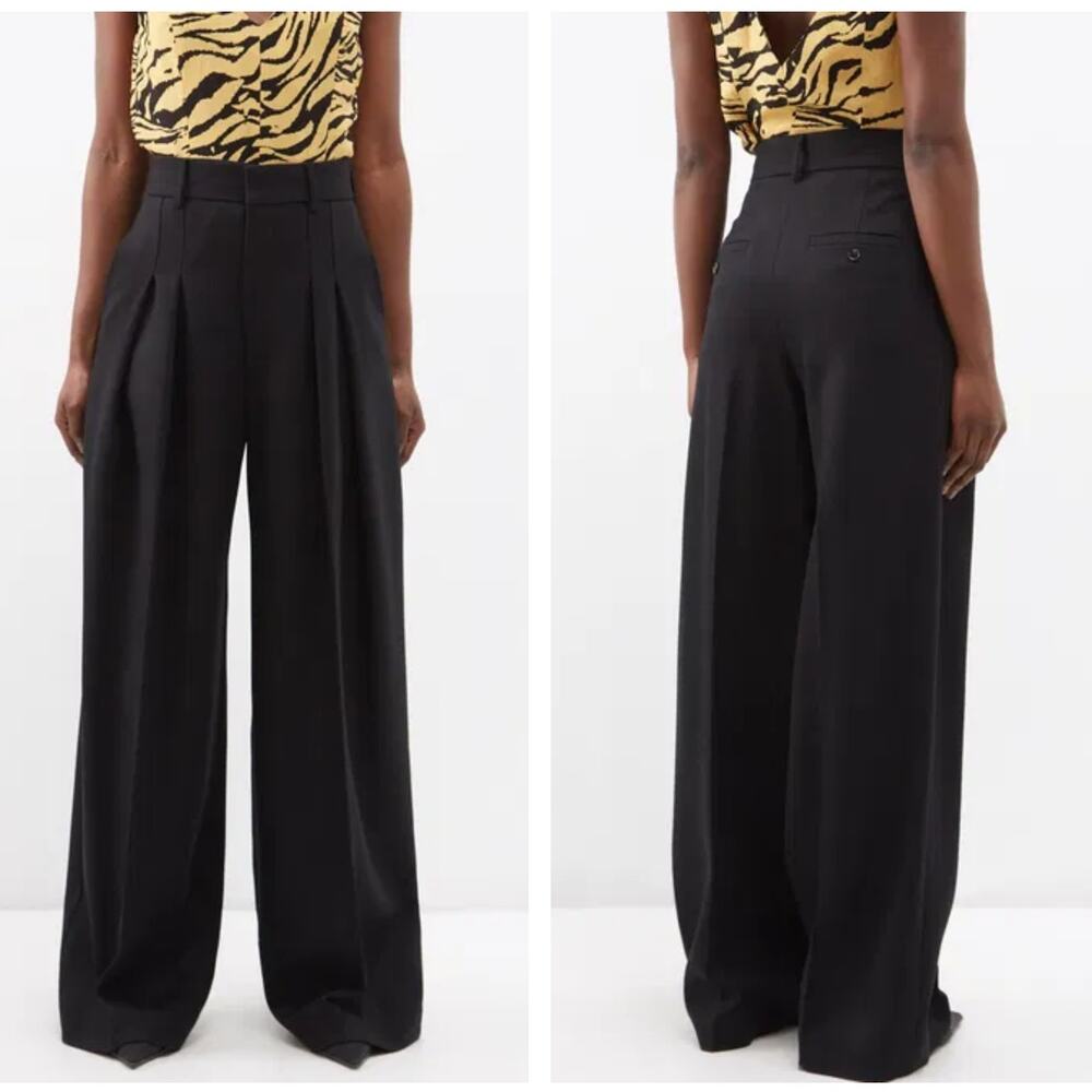 RAEY Wide Leg Pleat Front Wool Trousers Black Sz 4 $425 {II10}